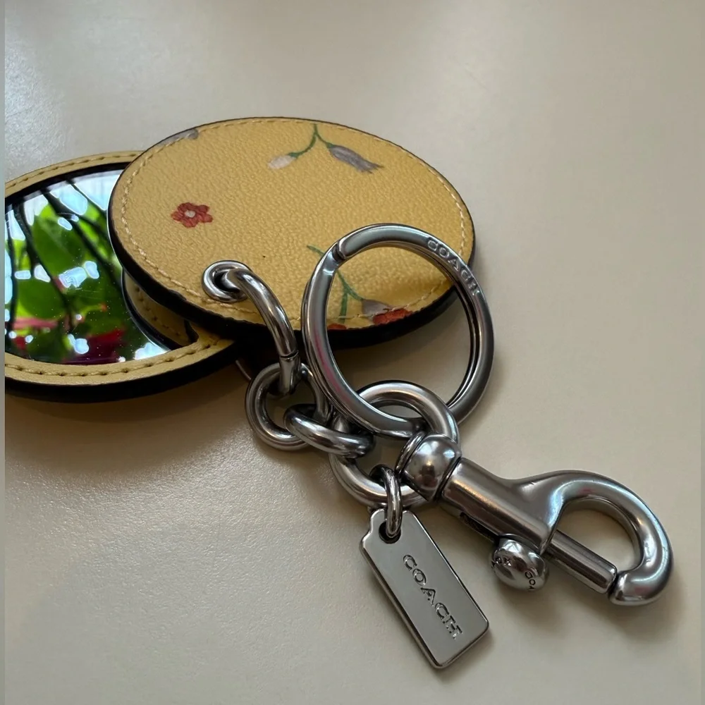 COACH Yellow Floral Leather Mirror Keyring with Silver Hardware - Picture 2 of 6